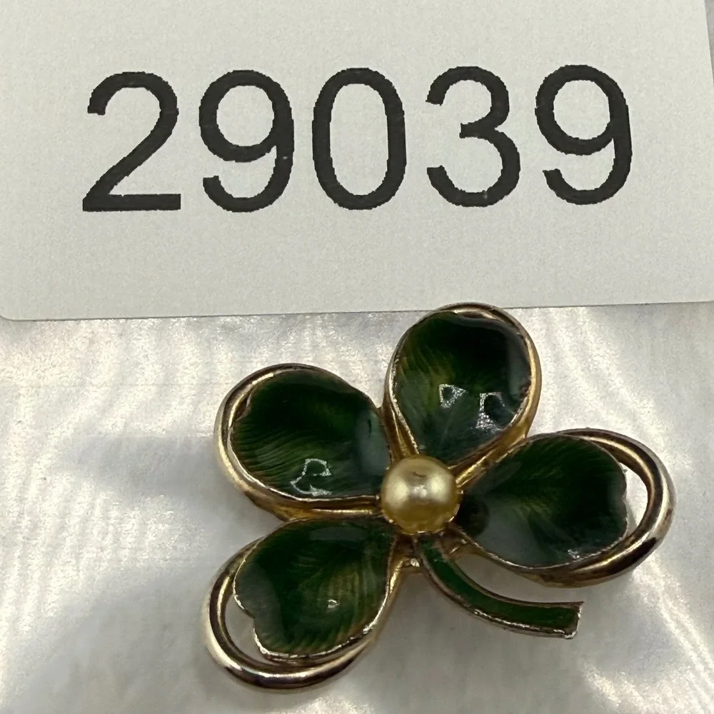 Vintage Coro Four Leaf Clover Brooch Green Enamel Faux Pearl Gold Tone